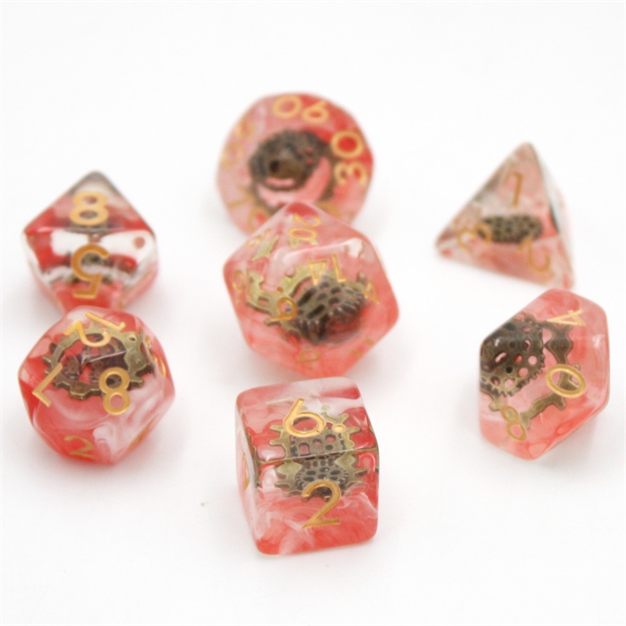 Clear Pink Bronze Cogs - Resin Terninger - Rollespilsterninger - Epic Dwarf Dice