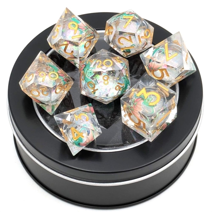Liquid Core Dragon Dice - Crystal Golden numbers - Resin dice set sharp edges - Epic Dwarf Dice