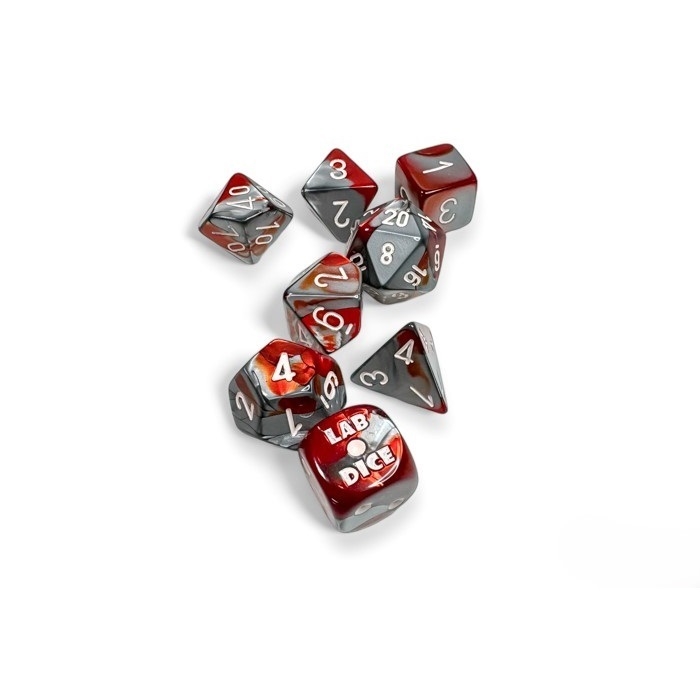 Gemini Red-Steel and white Polyhedral med ekstra D6 Lab Dice Set - Rollespilsterninger - Chessex