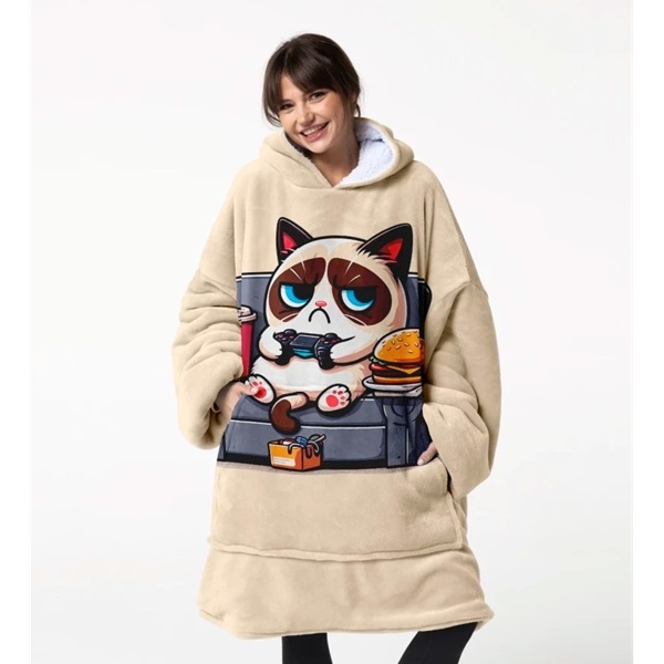 Huggie - Grumpy Cat Player- Giant Blanket Hoodie - Kæmpe Tæppe Hættetrøje