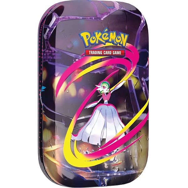 Pokémon Mini Tin med Mega Gardevoir-tema, indeholder to booster packs, klistermærker og kunstkort i metalæske