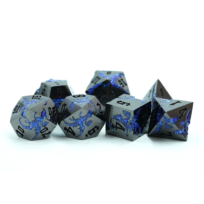 Metal Dragon Blank Sort med Blå Drager - Metal Rollespilsterninger - Epic Dwarf Dice