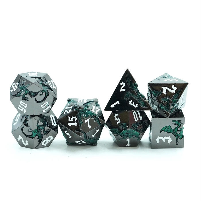 Metal Dragon Mat Sort Metal med Grønne Drager - Metal Rollespilsterninger - Epic Dwarf Dice