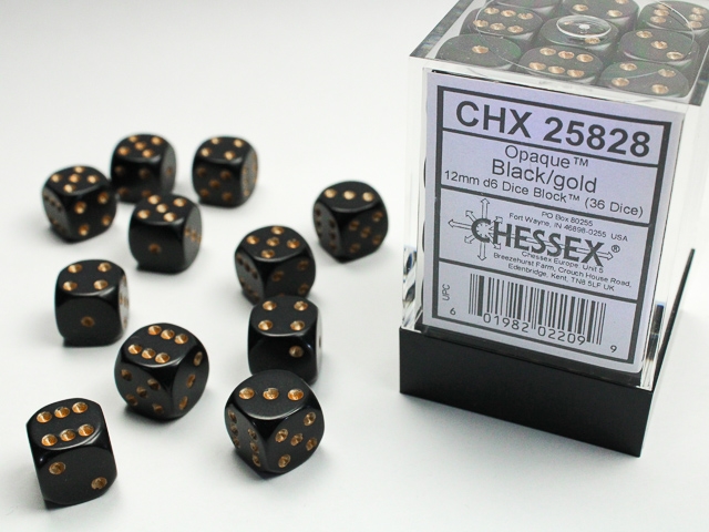Opaque Black and Gold 12mm d6 Dice block (36 Terninger) - Rollespilsterninger - Chessex