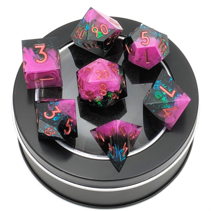Sharp Edge Resin Dice Set - Purple Swirl Green glitter - Epic Dwarf Dice