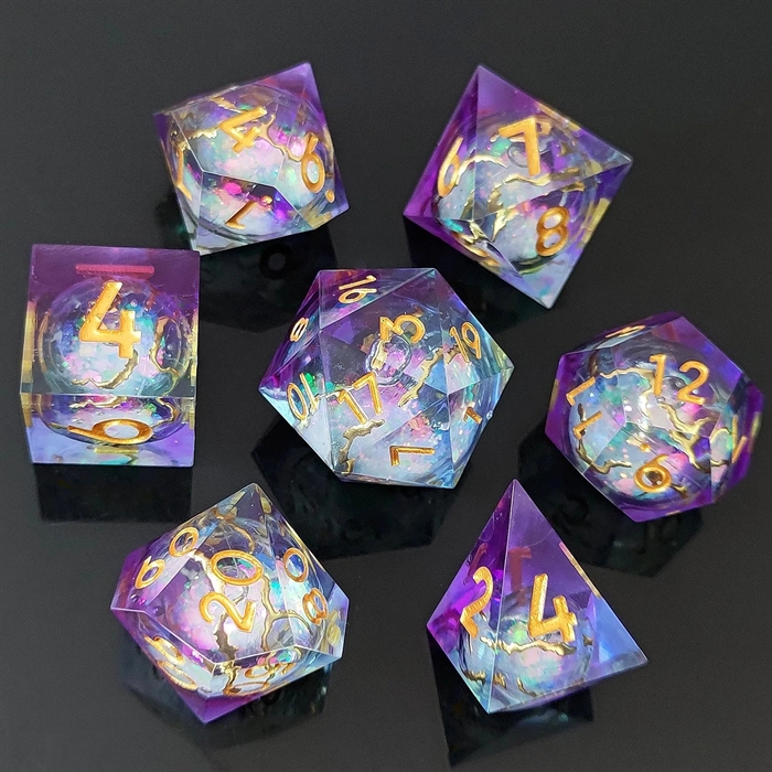 Resin Sharp Edge Liquid Core - Purple Blue with Gold Vains and numbers - Rollespilsterninger - Epic Dwarf Dice