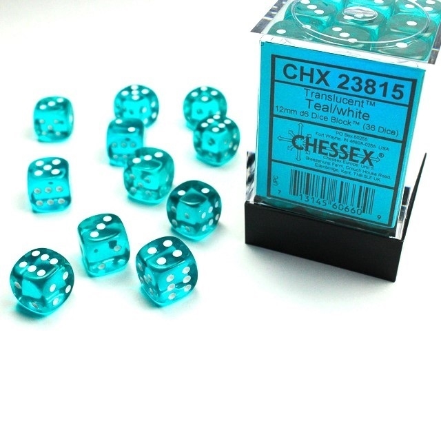 Translucent Teal and white 12mm d6 Dice block (36 Terninger) - Rollespilsterninger - Chessex