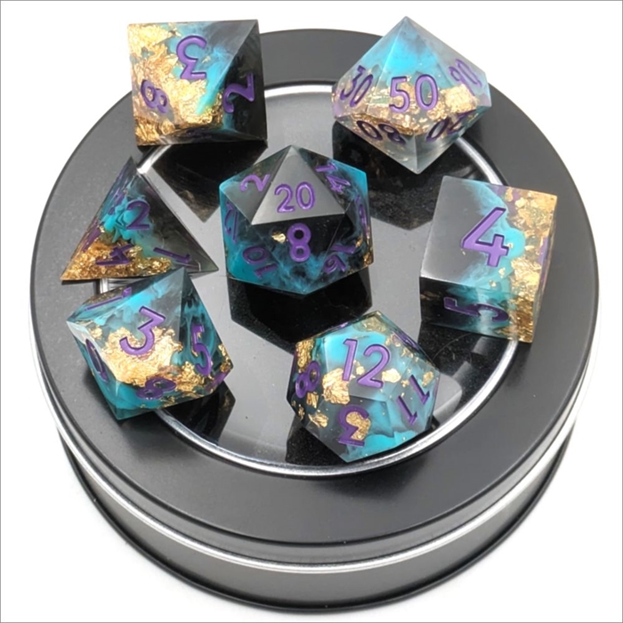 Sharp Edge Resin Dice Set - Turqoiuse with purple - Gold Leaf - Epic Dwarf Dice
